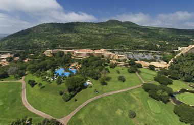 Aerial view of Sun City Hotel with Gary Player Golf Course, Cabanas and The Cascades